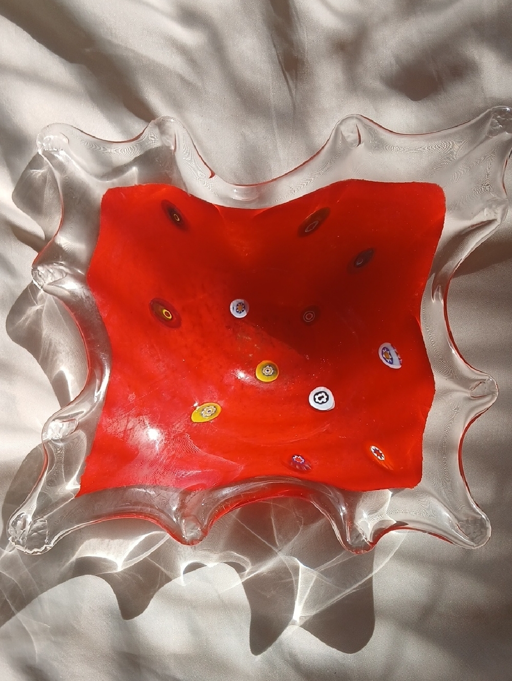 Red Glass Decorative Serving Bowl - Clear Rim